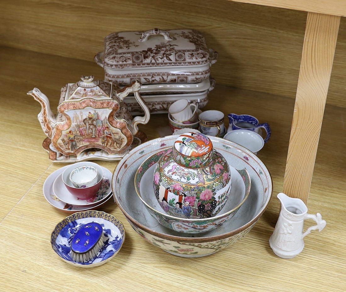 A group of Chinese porcelain, an enamel brush and two Victorian tureens and covers, a teapot etc